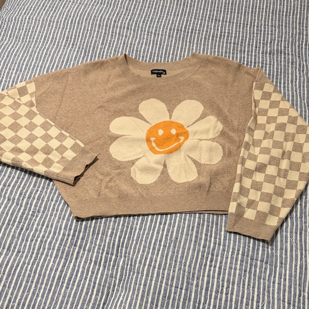 Cozy Tan Sweater with Daisy Design